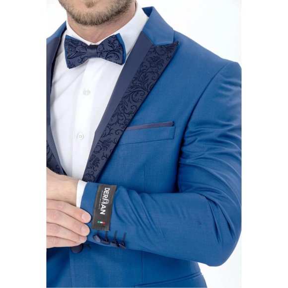 Derman Royal Blue Floral Patterned Glitter Collar Tuxedo 3 Piece - Picture 5 of 6